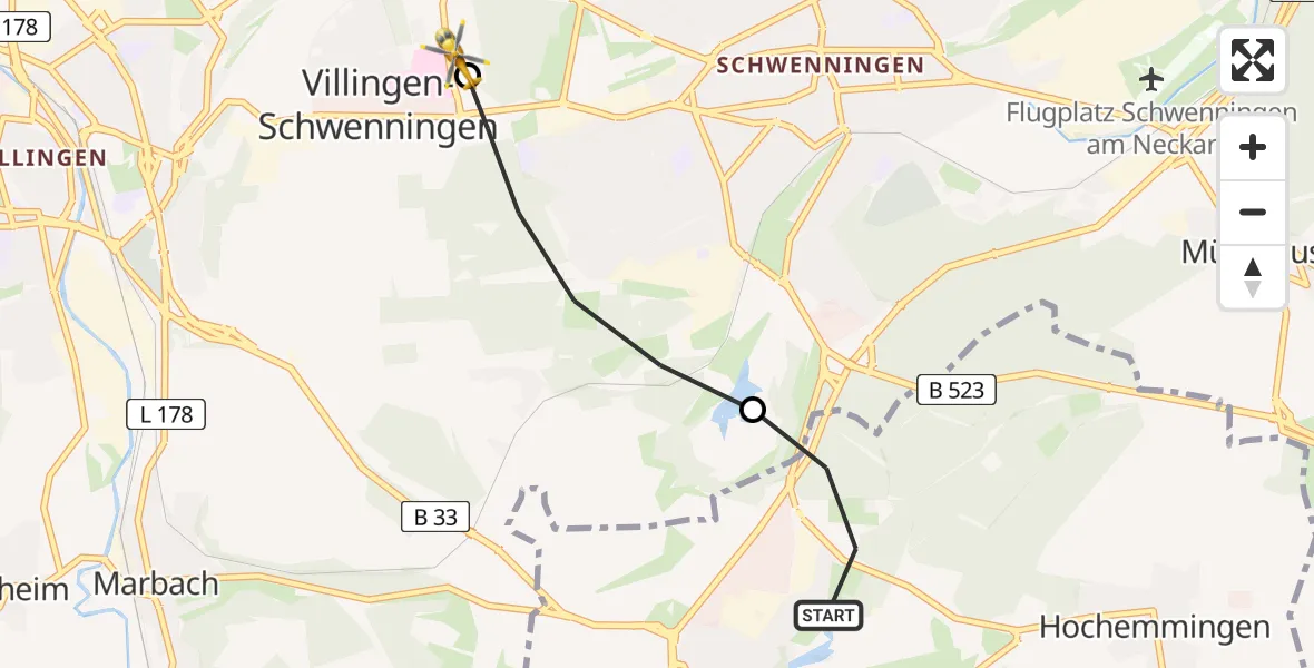 Flugroute Ambulanzhubschrauber Bad Dürrheim - DRF Air Rescue Station Villingen-Schwenningen Hubschrauberlandeplatz (Christoph 11), 16 August 2026, 17:30