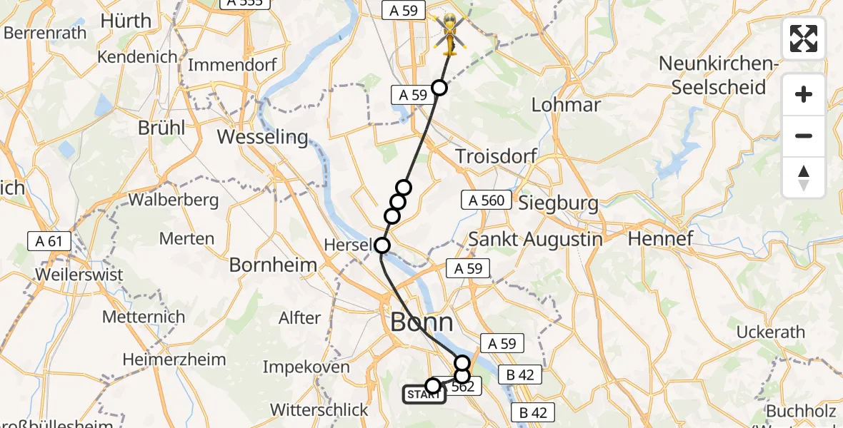 Flugroute Ambulanzhubschrauber Bonn University Hospital - Köln Bonn Flughafen, 16 August 2026, 17:34