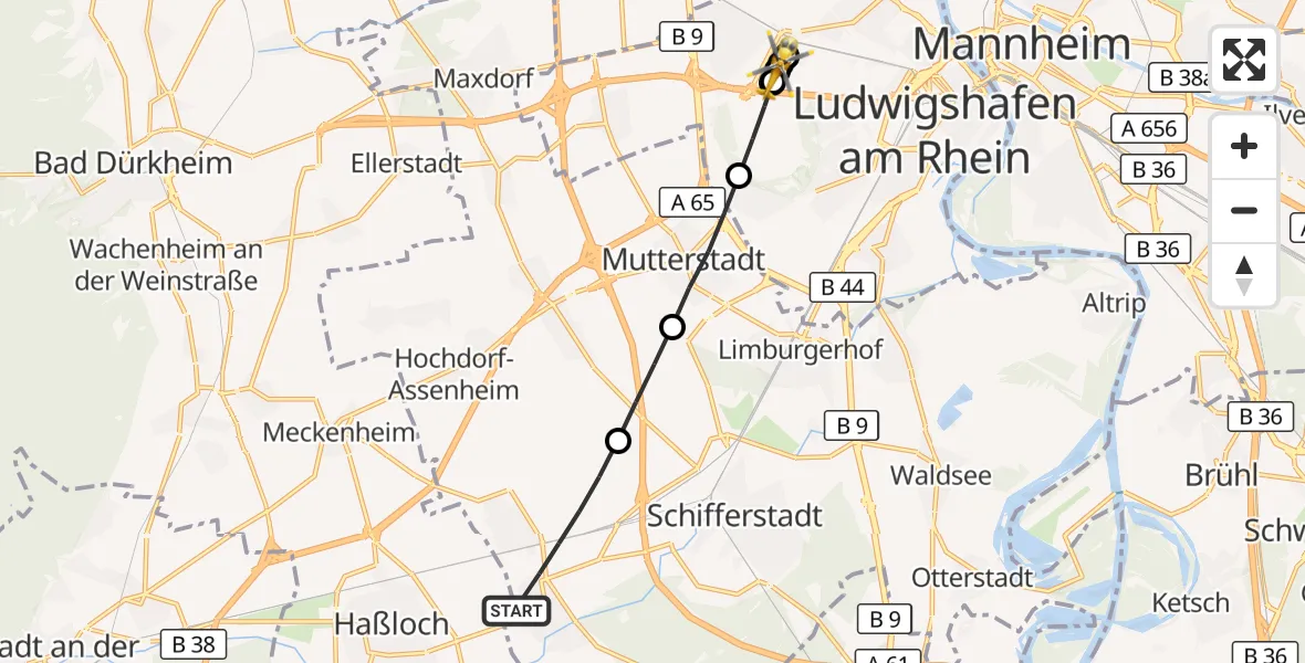 Flugroute Rettungshubschrauber Böhl-Iggelheim - Ludwigshafen Accident Hospital Hubschrauberlandeplatz, 16 August 2026, 17:44