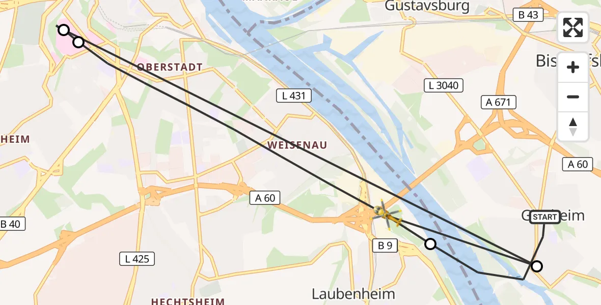 Flugroute Rettungshubschrauber Ginsheim-Gustavsburg - Mainz, 16 August 2026, 17:45