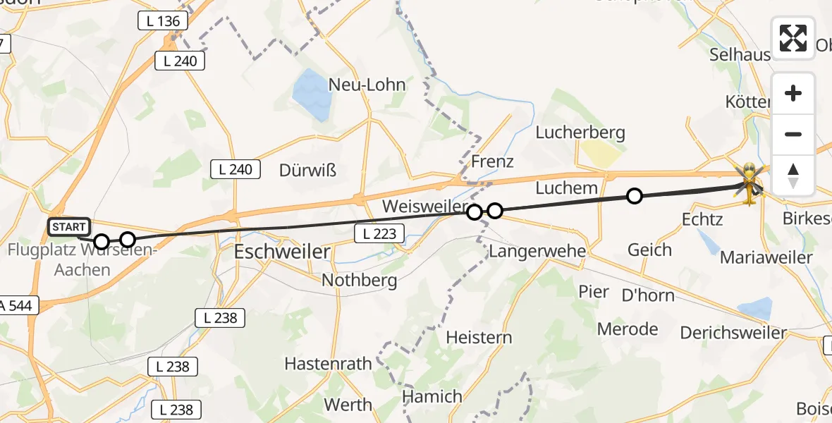 Flugroute Rettungshubschrauber Aachen-Merzbrück Flughafen - Düren, 16 August 2026, 17:52