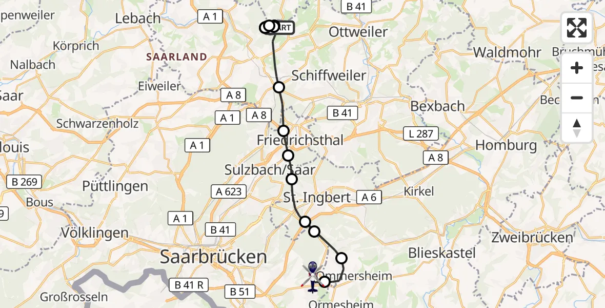Flugroute Polizeihubschrauber Illingen - Flughafen Saarbrücken, 16 August 2026, 17:54