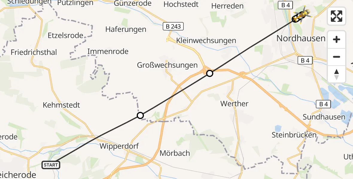 Flugroute Rettungshubschrauber Bleicherode - Südharz Hospital Nordhausen, 16 August 2026, 17:57