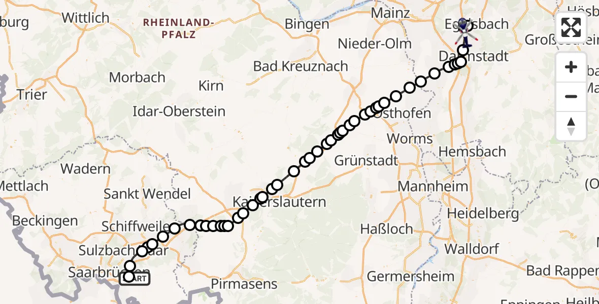 Flugroute Polizeihubschrauber Flughafen Saarbrücken - Weiterstadt, 16 August 2026, 18:07