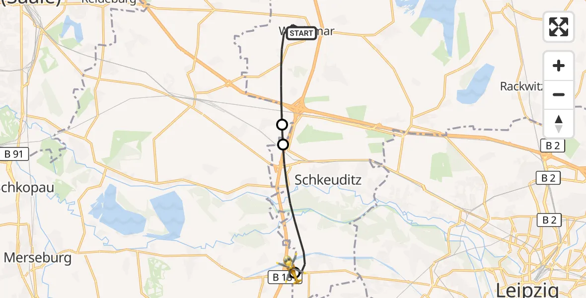 Flugroute Rettungshubschrauber Wiedemar - ADAC Air Rescue Station Leipzig/Schkeuditz-Dölzig Hubschrauberlandeplatz (Christoph 61), 16 August 2026, 18:07