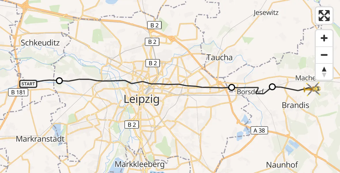 Flugroute Rettungshubschrauber Schkeuditz - Machern, 16 August 2026, 18:08