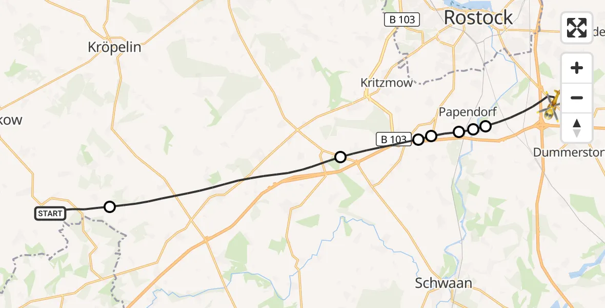 Flugroute Ambulanzhubschrauber Carinerland - Dummerstorf, 16 August 2026, 18:09