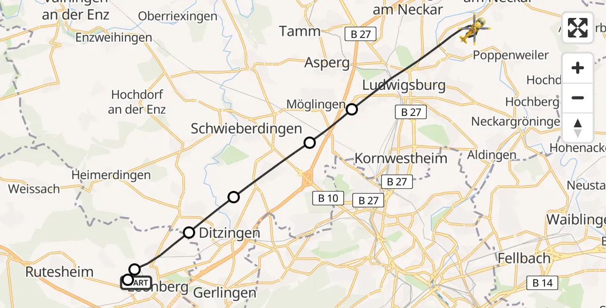 Flugroute Rettungshubschrauber Leonberg Hospital - Ludwigsburg, 16 August 2026, 18:09