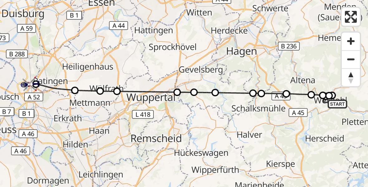Flugroute Polizeihubschrauber Werdohl - Düsseldorf Flughafen, 16 August 2026, 18:13