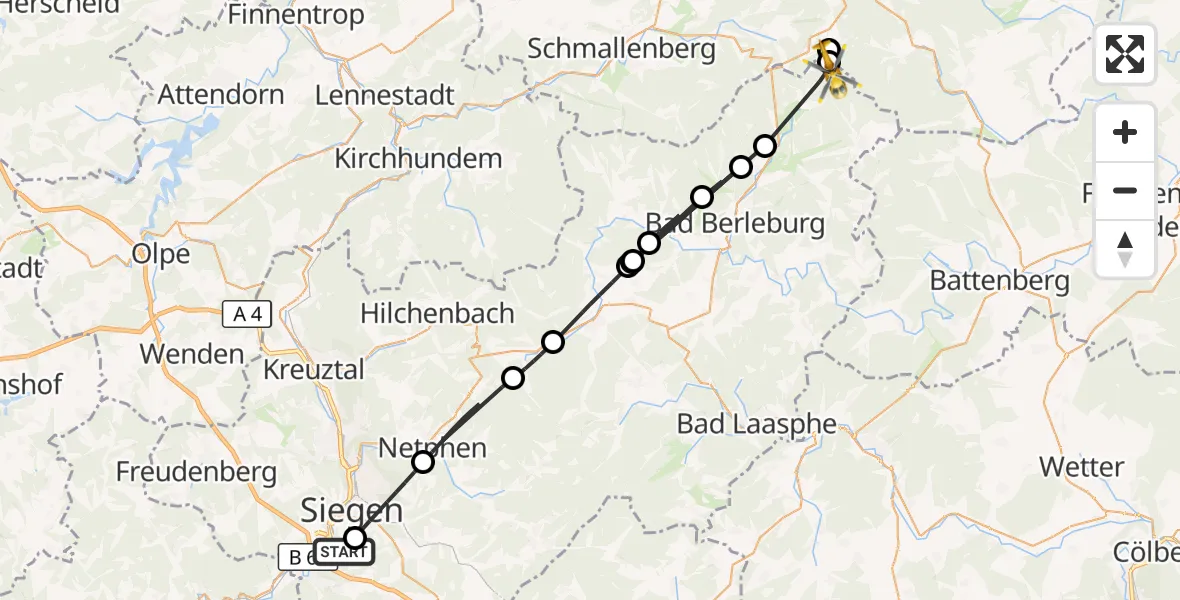 Flugroute Rettungshubschrauber Evangelisches Jung-Stilling Hospital - Bad Berleburg, 16 August 2026, 18:16