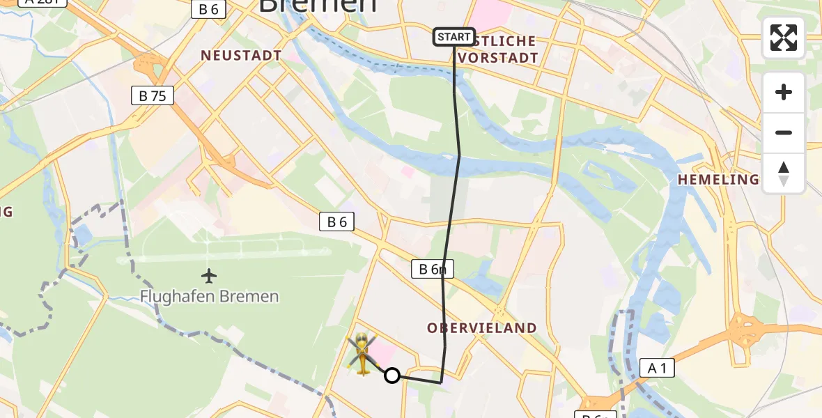 Flugroute Rettungshubschrauber Bremen - ADAC Air Rescue Station Bremen Hubschrauberlandeplatz (Christoph 6), 16 August 2026, 18:30