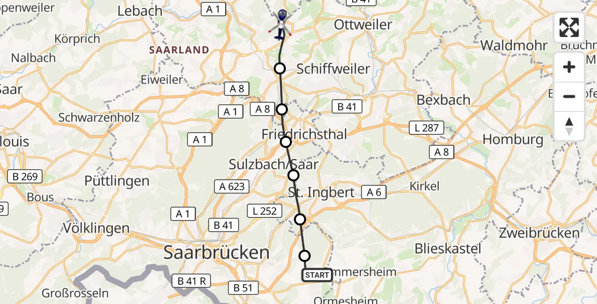 Flugroute Polizeihubschrauber Flughafen Saarbrücken - Illingen, 16 August 2026, 18:36