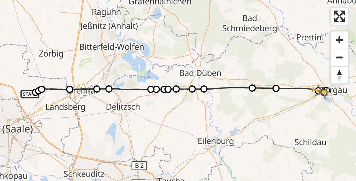 Flugroute Rettungshubschrauber Halle-Oppin Flugplatz - Torgau, 16 August 2026, 18:38