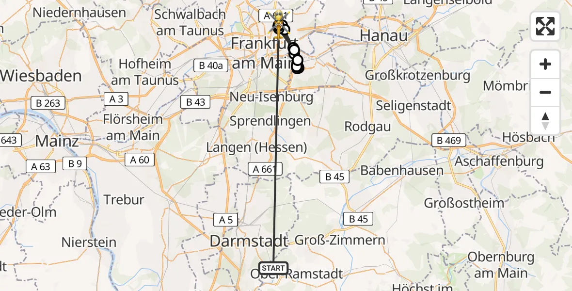 Flugroute Rettungshubschrauber Mühltal - Frankfurt am Main Accident Hospital Roof Helipad (CHX2), 16 August 2026, 18:40