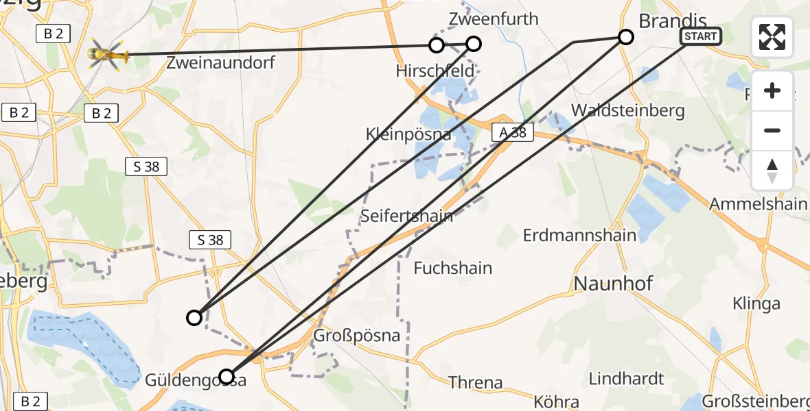 Flugroute Rettungshubschrauber Brandis - Leipzig, 16 August 2026, 19:00