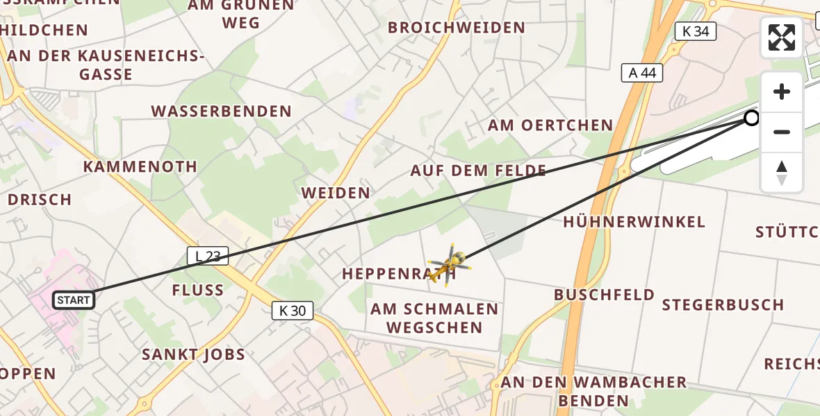 Flugroute Rettungshubschrauber Rhein-Maas Hospital - Würselen, 16 August 2026, 19:01