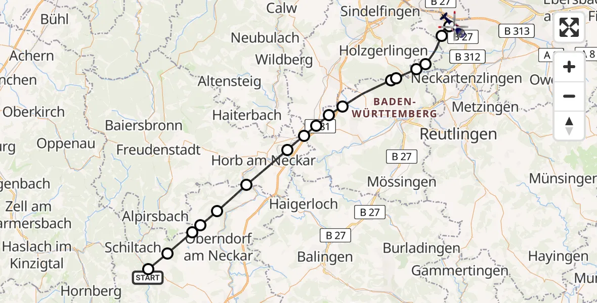 Flugroute Polizeihubschrauber Schramberg - Flughafen Stuttgart, 16 August 2026, 19:05