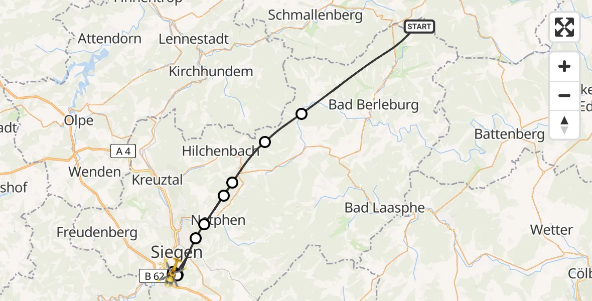 Flugroute Rettungshubschrauber Bad Berleburg - Evangelisches Jung-Stilling Hospital, 16 August 2026, 19:09