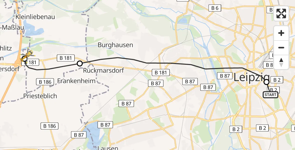 Flugroute Rettungshubschrauber Leipzig University Hospital Heliport 1 - ADAC Air Rescue Station Leipzig/Schkeuditz-Dölzig Hubschrauberlandeplatz (Christoph 61), 16 August 2026, 19:32