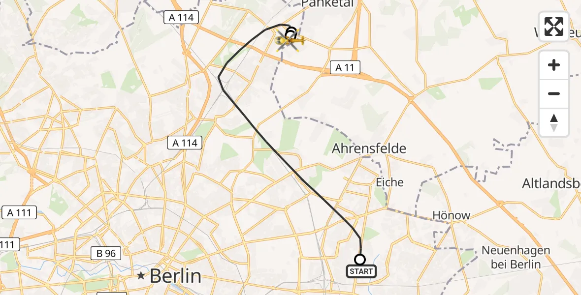 Flugroute Rettungshubschrauber Berlin Emergency Hospital - Helios Clinic Berlin-Buch, 16 August 2026, 19:35