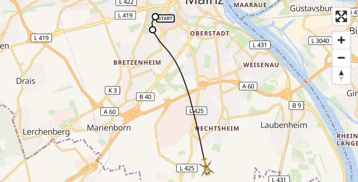 Flugroute Rettungshubschrauber Mainz University Hospital - Mainz, 16 August 2026, 19:40