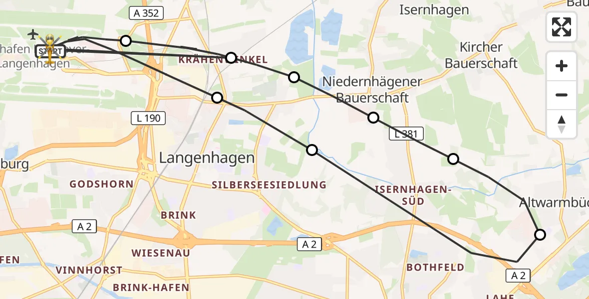 Flugroute Rettungshubschrauber Flughafen Hannover - Flughafen Hannover, 16 August 2026, 19:57