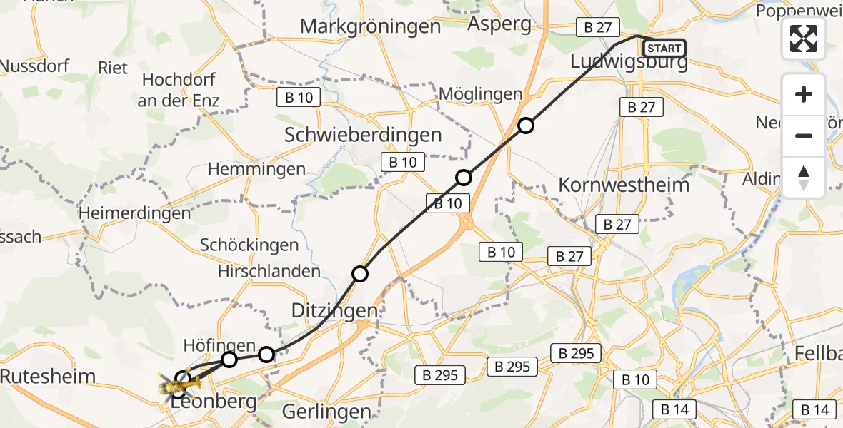 Flugroute Rettungshubschrauber Ludwigsburg - Leonberg Hospital Hubschrauberlandeplatz, 16 August 2026, 20:05