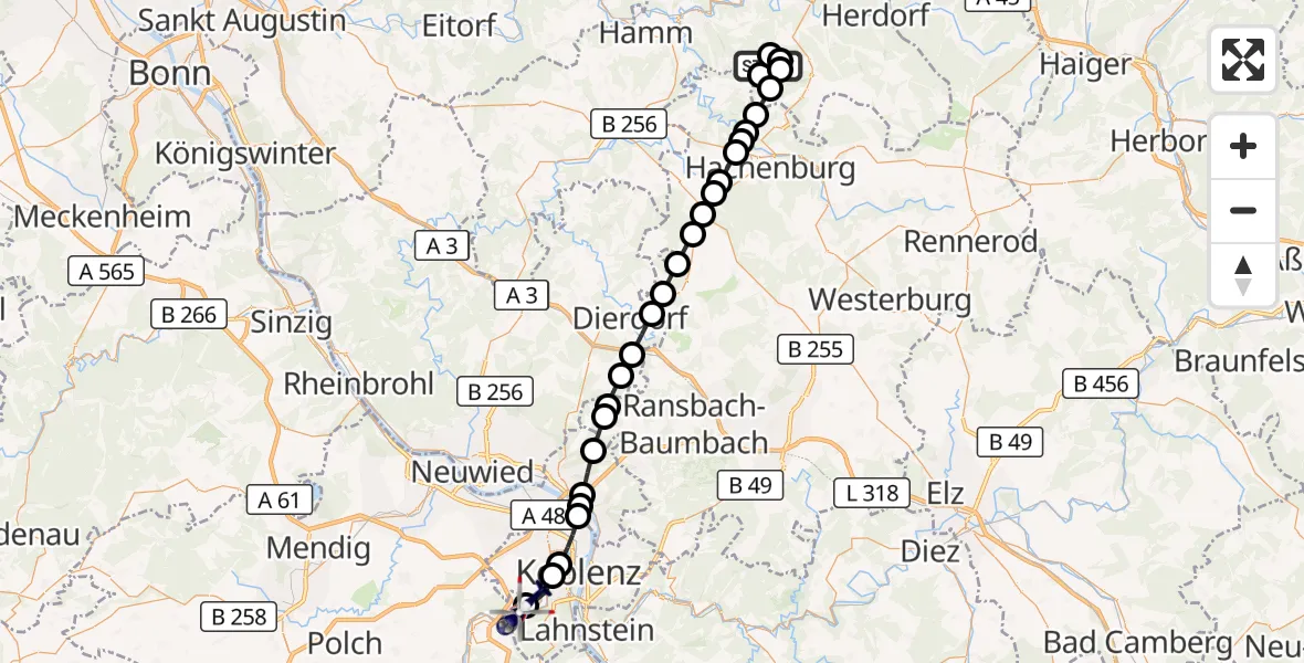 Flugroute Polizeihubschrauber Gebhardshain - Koblenz-Winningen Flugplatz, 16 August 2026, 20:09