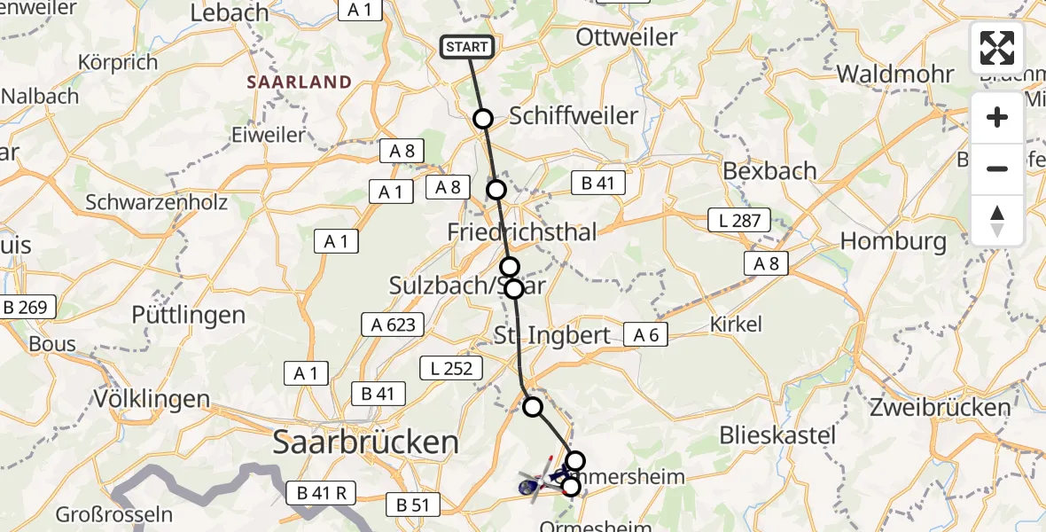 Flugroute Polizeihubschrauber Illingen - Flughafen Saarbrücken, 16 August 2026, 20:22