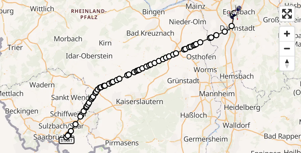 Flugroute Polizeihubschrauber Flughafen Saarbrücken - Flughafen Frankfurt-Egelsbach, 16 August 2026, 20:47