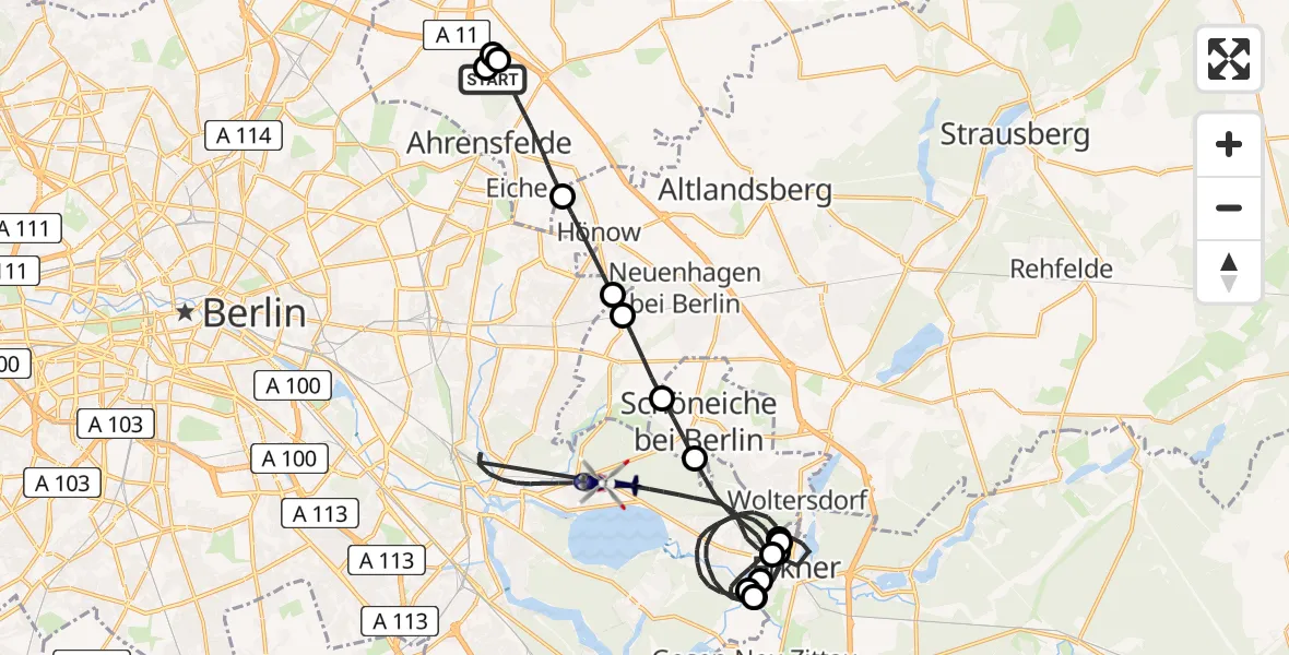 Flugroute Polizeihubschrauber Ahrensfelde Hubschrauberlandeplatz - Berlin, 16 August 2026, 21:57