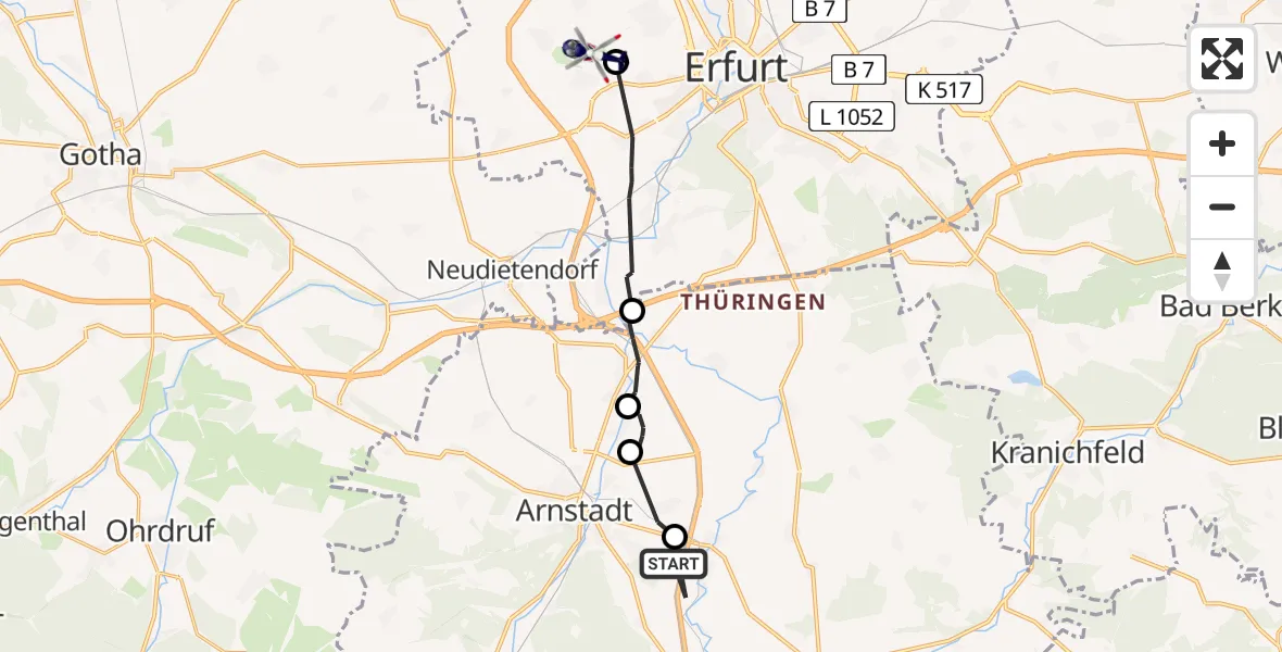 Flugroute Polizeihubschrauber Arnstadt - Erfurt-Weimar Flughafen, 16 August 2026, 22:03