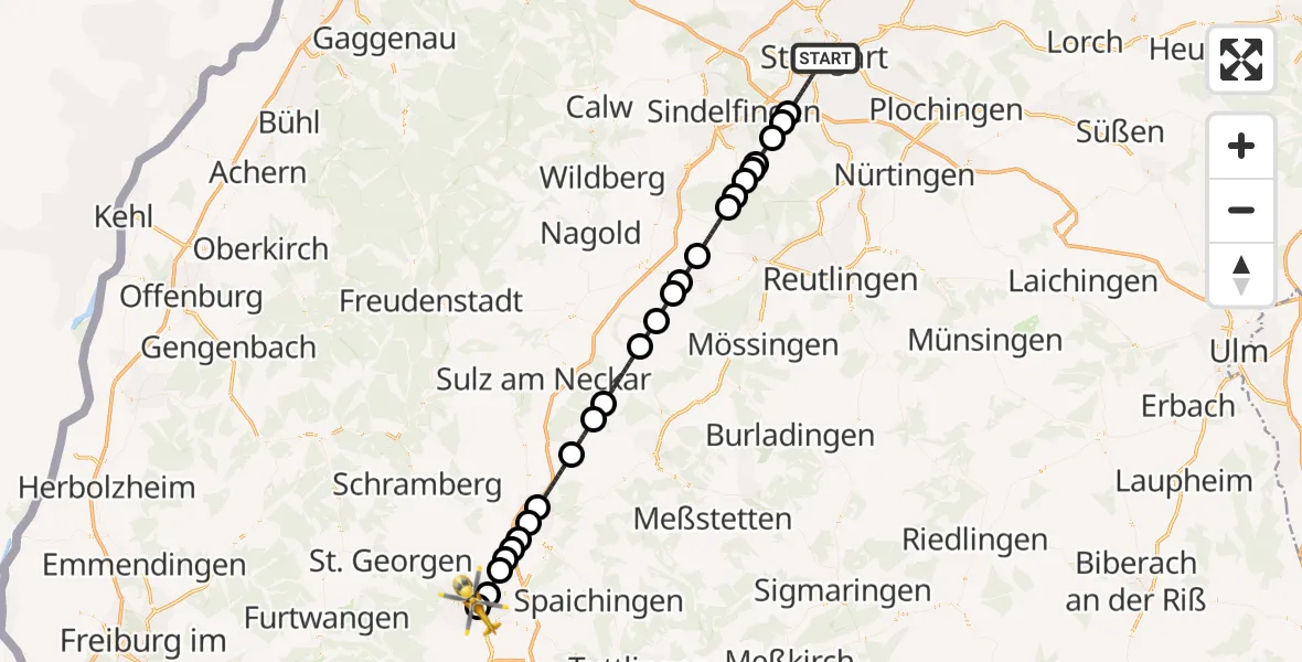 Flugroute Ambulanzhubschrauber Stuttgart - DRF Air Rescue Station Villingen-Schwenningen Hubschrauberlandeplatz (Christoph 11), 16 August 2026, 22:15