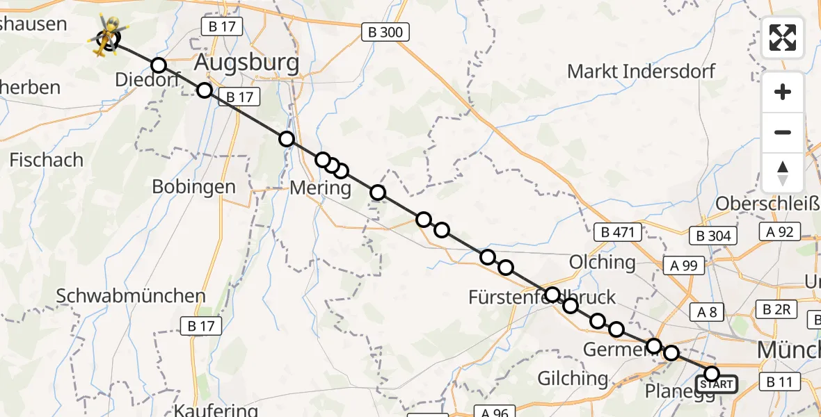 Flugroute Rettungshubschrauber DRF Air Rescue München Hubschrauberlandeplatz - Horgau, 16 August 2026, 22:18