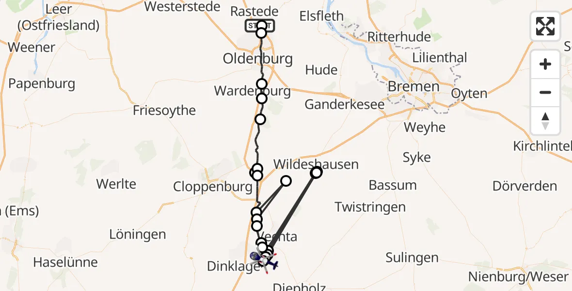 Flugroute Polizeihubschrauber Oldenburg Police Hubschrauberlandeplatz - Lohne (Oldenburg), 16 August 2026, 22:58