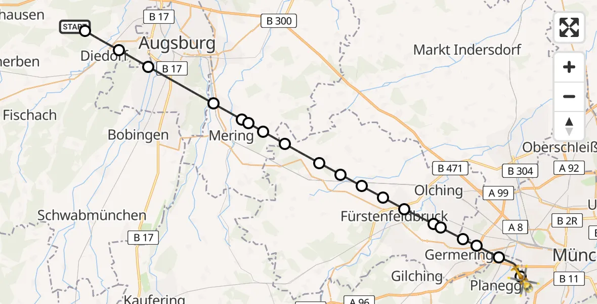 Flugroute Rettungshubschrauber Horgau - DRF Air Rescue München Hubschrauberlandeplatz, 16 August 2026, 23:11