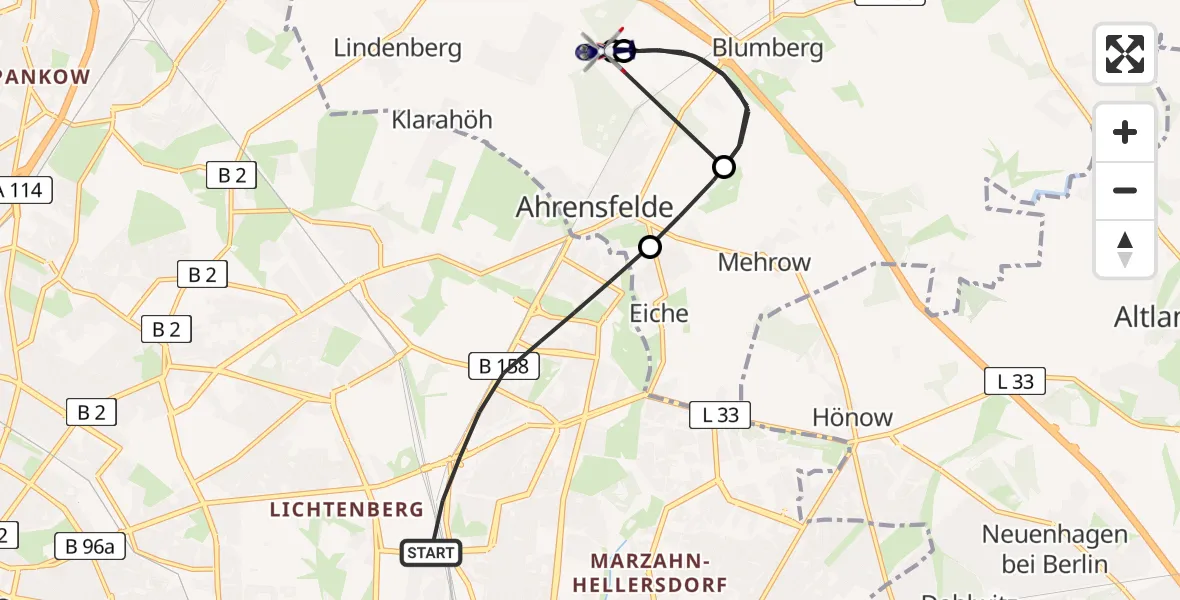 Flugroute Polizeihubschrauber Berlin - Ahrensfelde Hubschrauberlandeplatz, 16 August 2026, 23:23