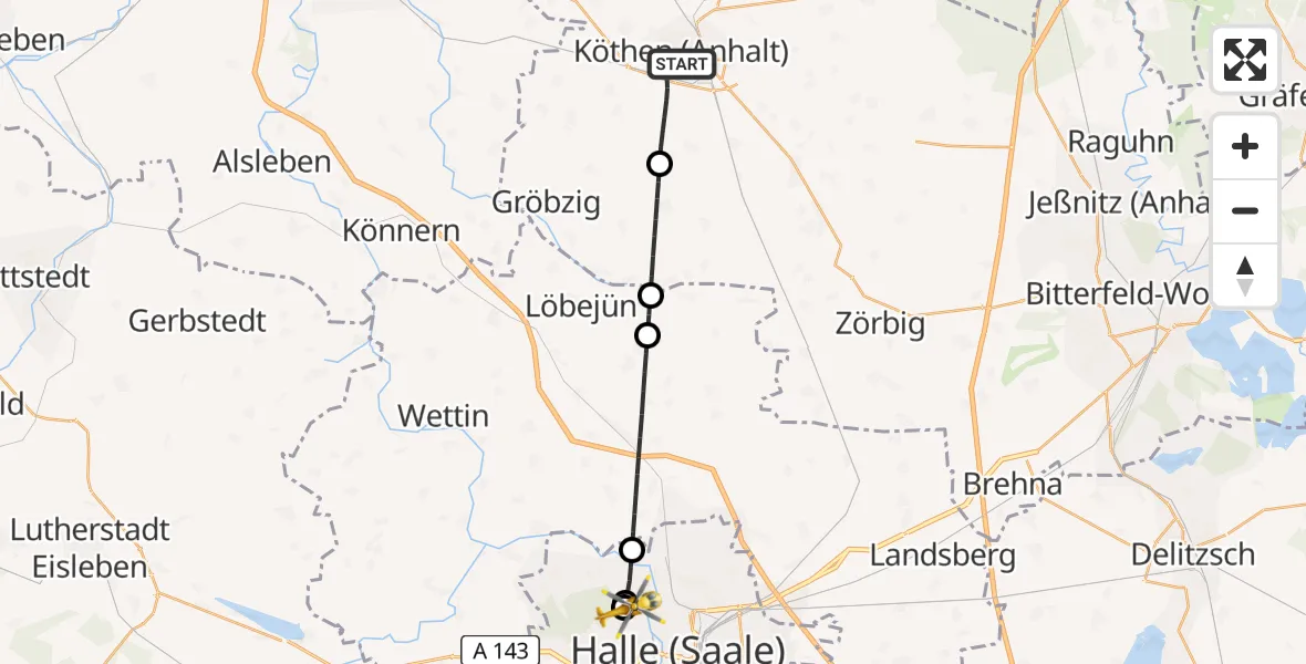 Flugroute Rettungshubschrauber Köthen (Anhalt) - Halle (Saale) University Hospital, 16 August 2026, 23:54