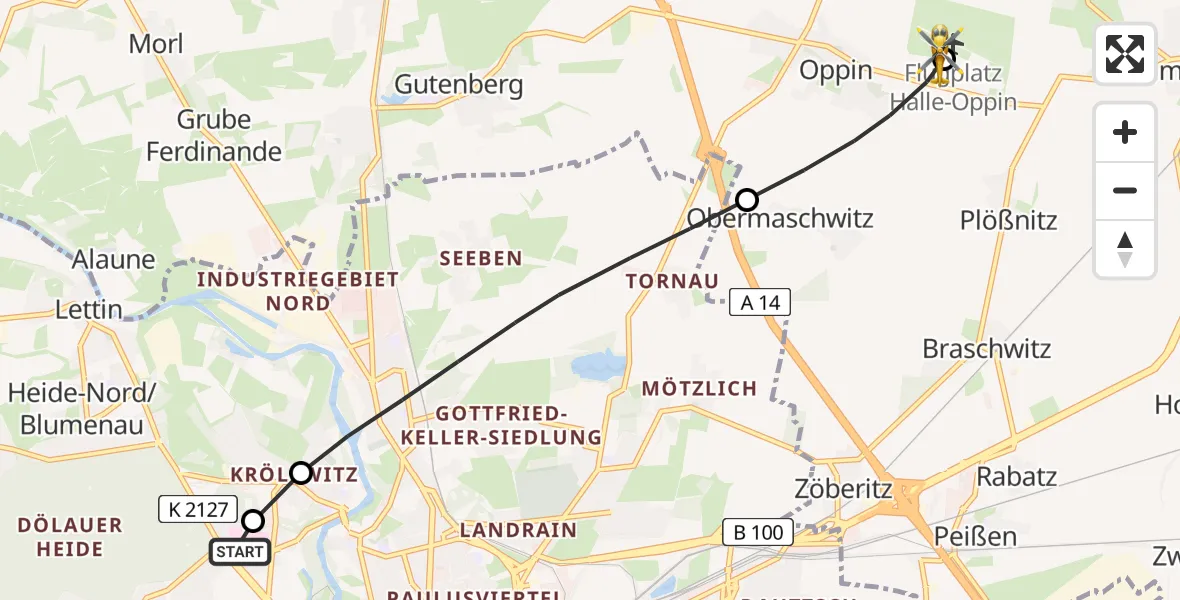 Flugroute Rettungshubschrauber Halle (Saale) University Hospital - Halle-Oppin Flugplatz, 17 August 2026, 00:30