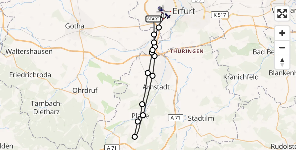 Flugroute Polizeihubschrauber Erfurt - Erfurt-Weimar Flughafen, 17 August 2026, 01:33