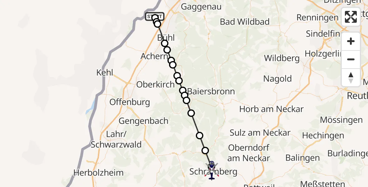 Flugroute Polizeihubschrauber Karlsruhe Baden-Baden Flughafen - Schramberg, 17 August 2026, 04:38