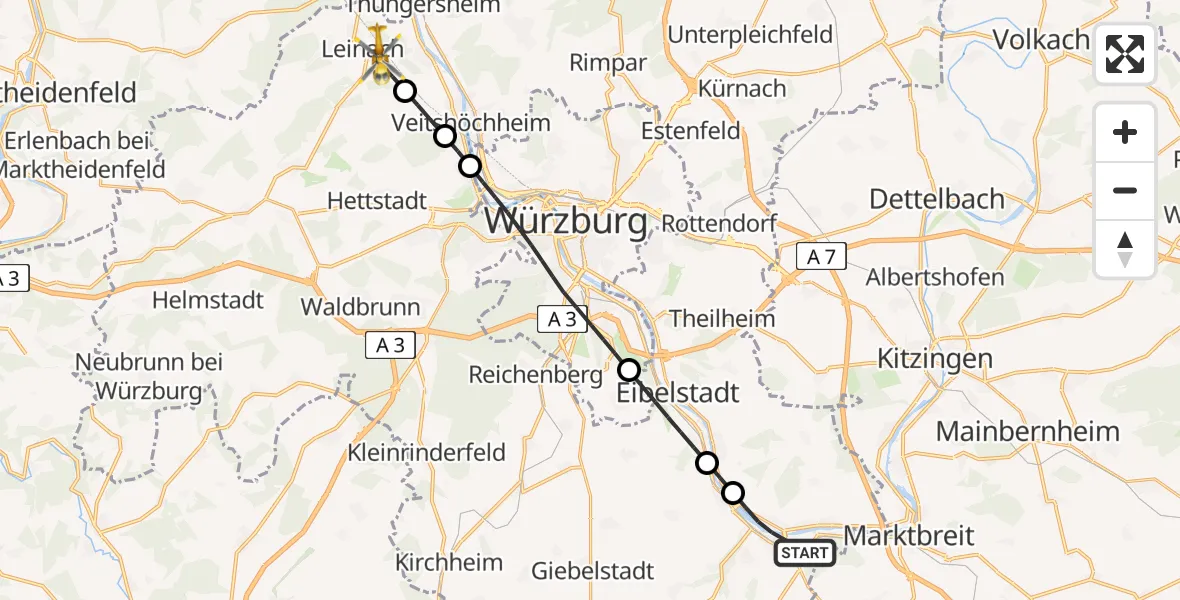 Flugroute Rettungshubschrauber Ochsenfurt - Leinach, 17 August 2026, 04:46