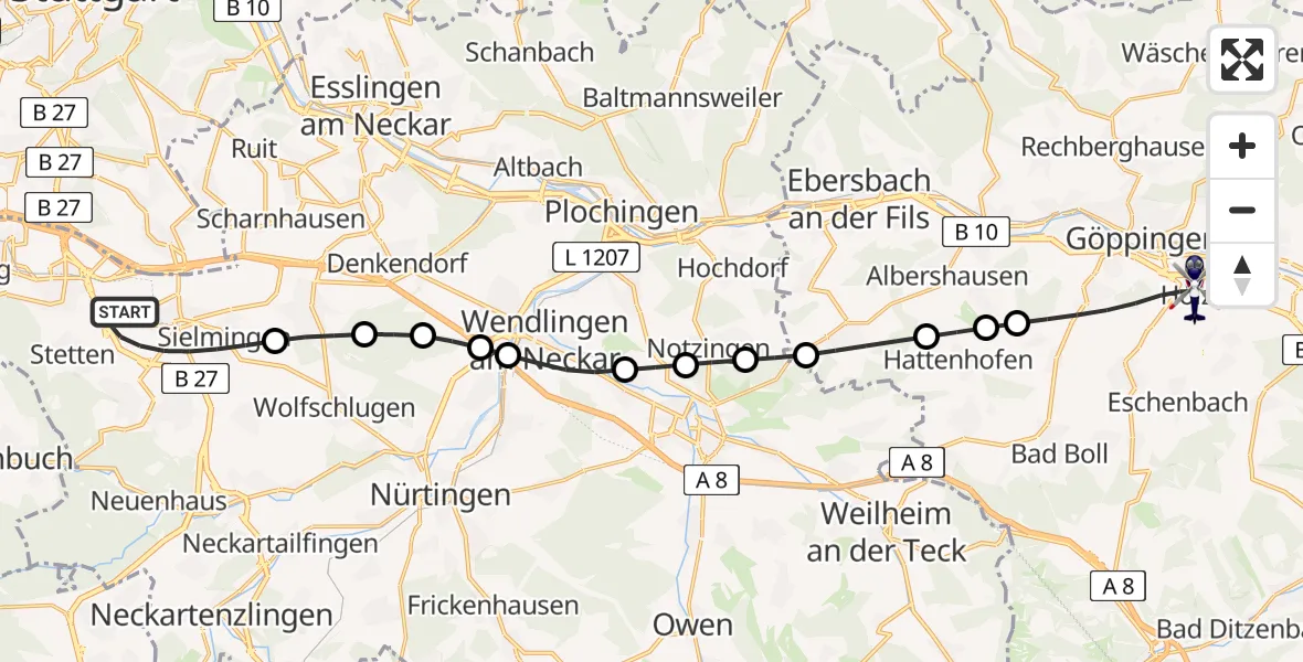 Flugroute Polizeihubschrauber Flughafen Stuttgart - Göppingen, 17 August 2026, 05:06