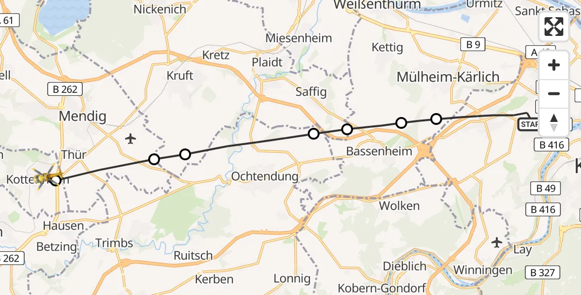 Flugroute Rettungshubschrauber Koblenz - Kottenheim, 17 August 2026, 05:42