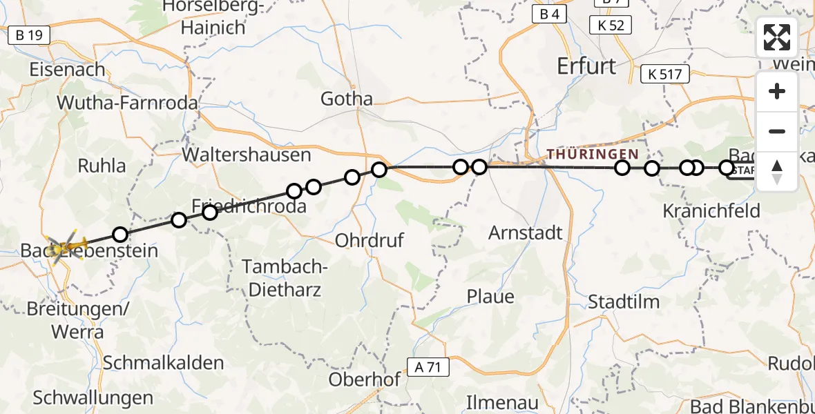 Flugroute Ambulanzhubschrauber Bad Berka - Bad Liebenstein, 17 August 2026, 05:50