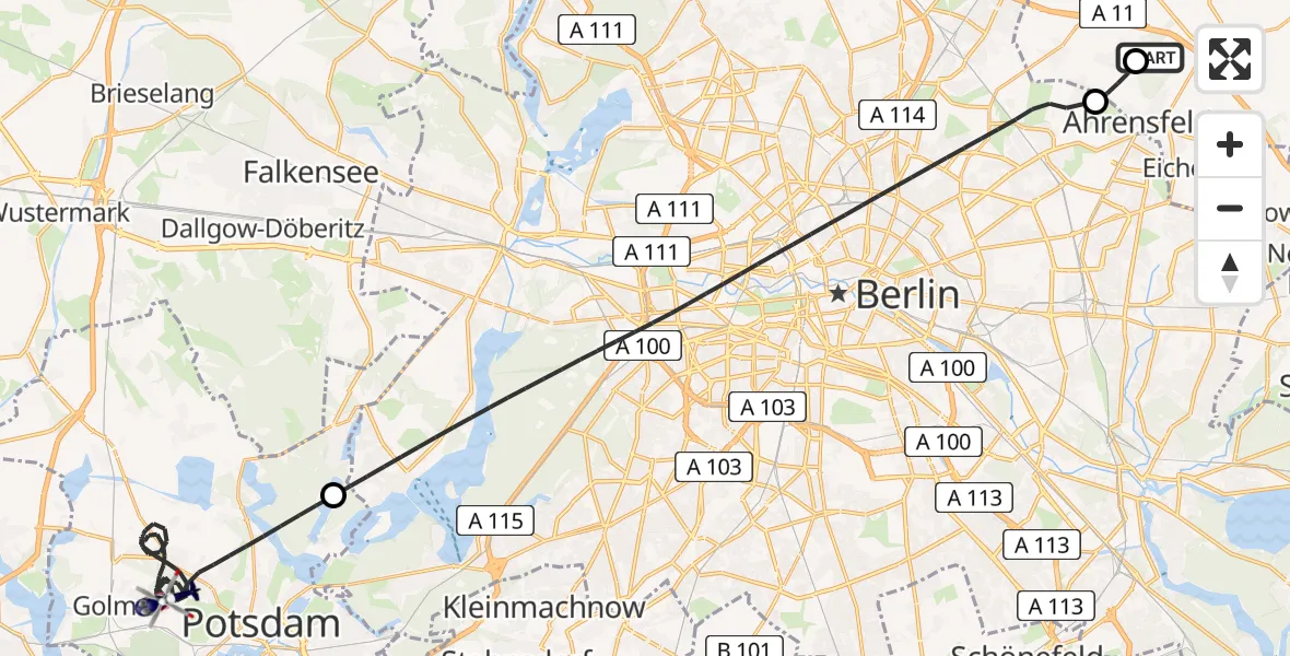 Flugroute Polizeihubschrauber Ahrensfelde Hubschrauberlandeplatz - Potsdam, 17 August 2026, 05:59