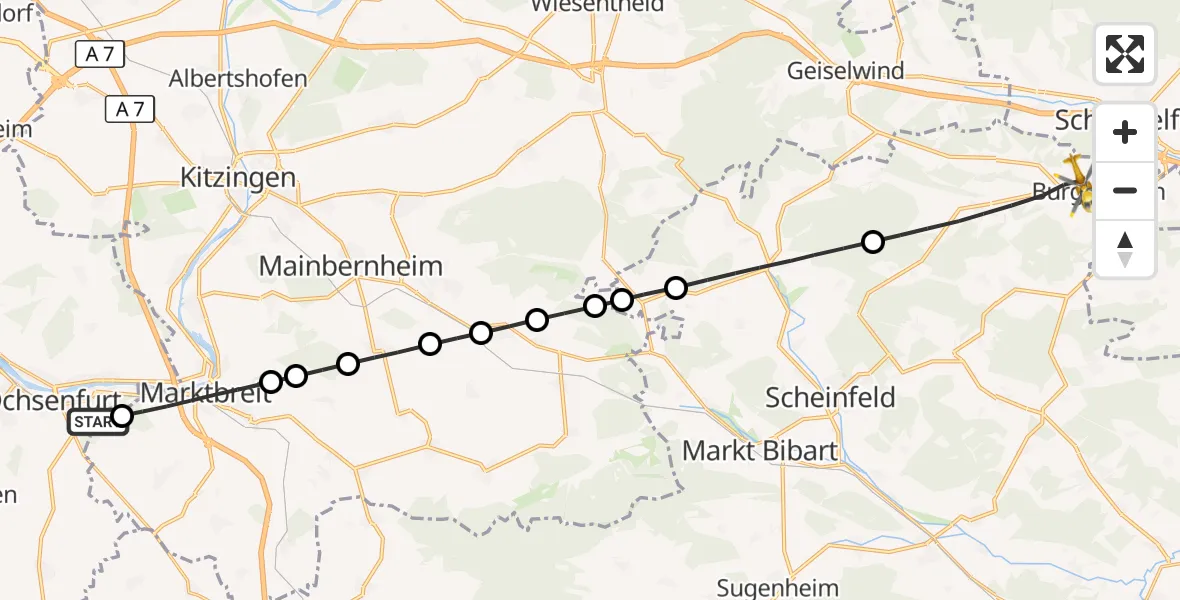 Flugroute Rettungshubschrauber Ochsenfurt Hospital - Burghaslach, 17 August 2026, 05:59