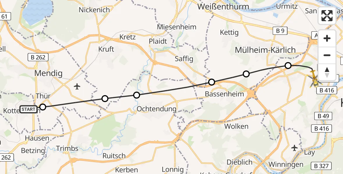 Flugroute Rettungshubschrauber Kottenheim - Koblenz, 17 August 2026, 05:59