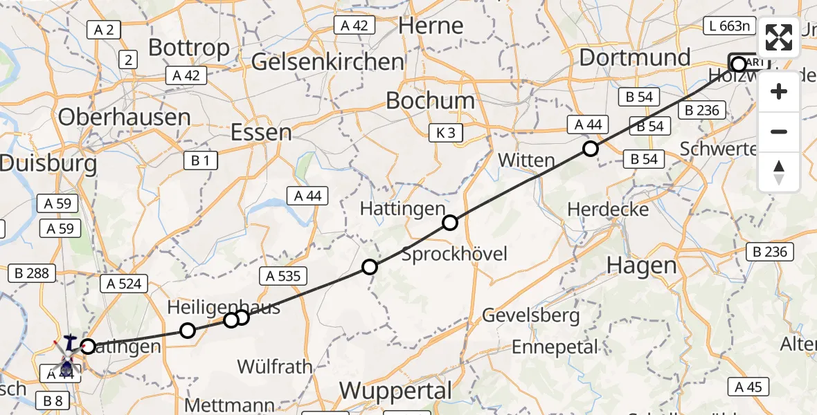 Flugroute Polizeihubschrauber Dortmund Flughafen - Düsseldorf Flughafen, 17 August 2026, 06:13