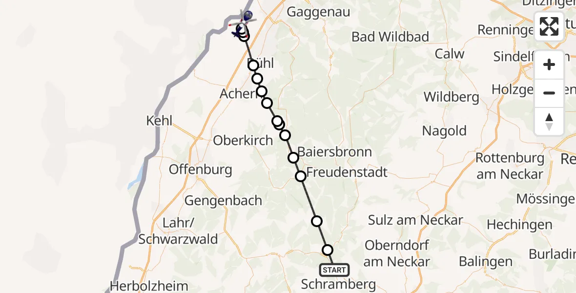 Flugroute Polizeihubschrauber Schiltach - Karlsruhe Baden-Baden Flughafen, 17 August 2026, 06:21